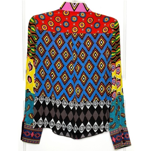 ALICE OLIVIA Silk Colorblock Patchwork Print Long Sleeve Embroidered Trim Top XS - Picture 6 of 12